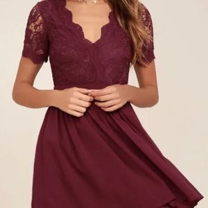 NWT LULU Angel in disguise burgundy lace skater dress